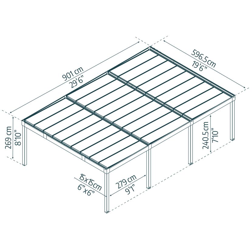 Dreiercarport 'Oslo' schwarz 901 x 596,5 cm Polycarbonat grau