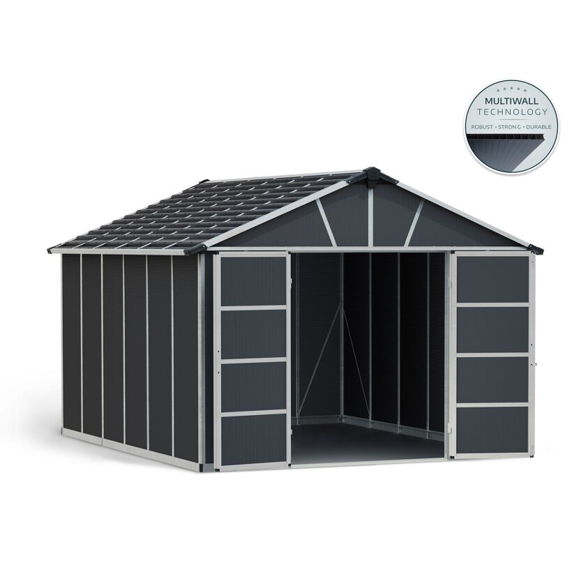Kunststoff-Gerätehaus 'Yukon' 332 x 395 cm Polycarbonat dunkelgrau, mit Boden