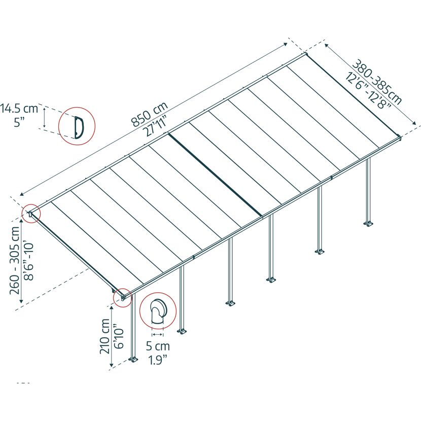 Terrassenüberdachung 'Feria' anthrazit 380 x 850 cm Polycarbonat transparent