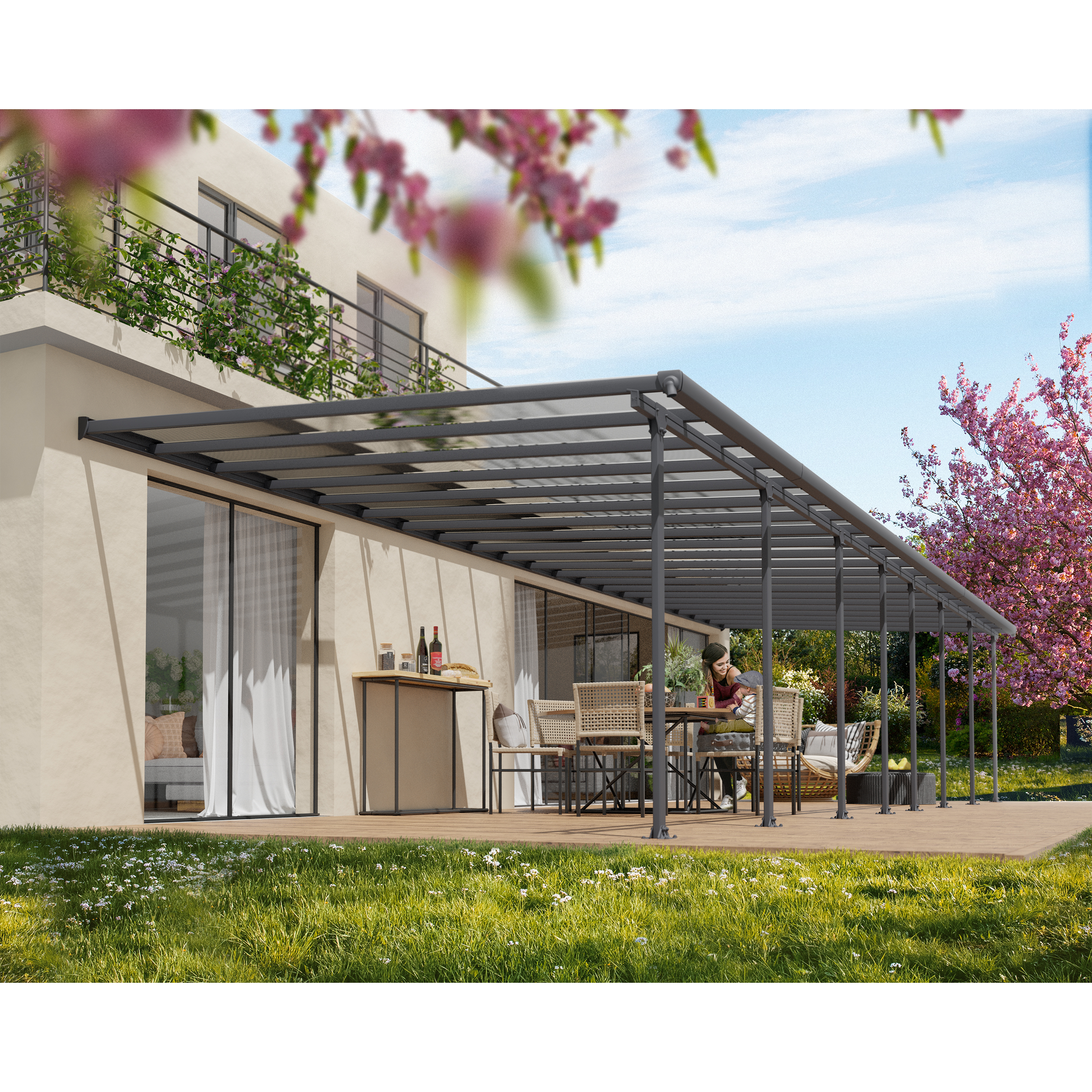 Terrassenüberdachung 'Feria' anthrazit 380 x 1212 cm Polycarbonat transparent