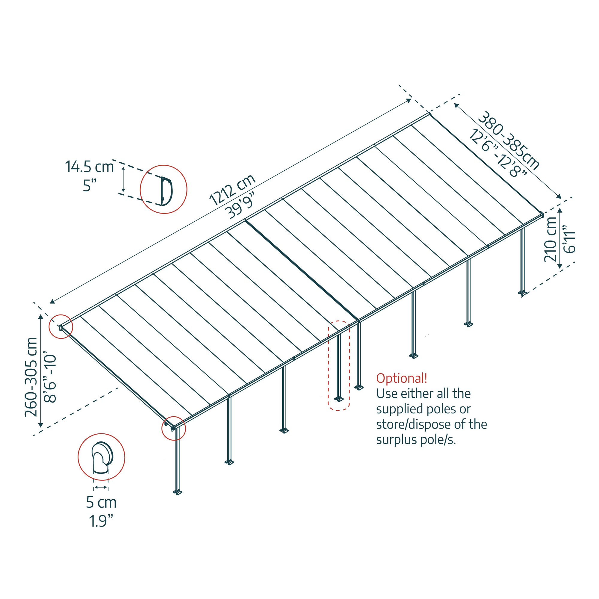 Terrassenüberdachung 'Feria' anthrazit 380 x 1212 cm Polycarbonat transparent