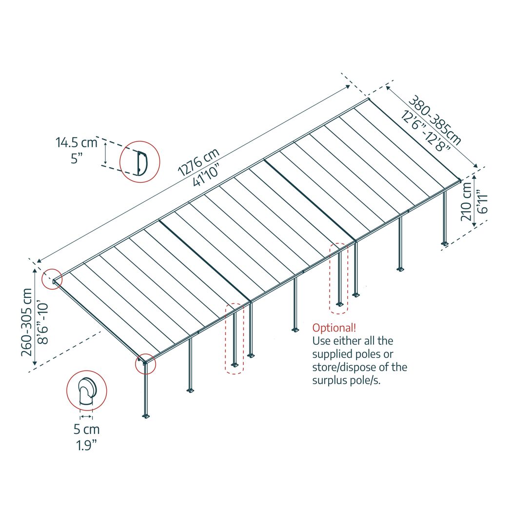 Terrassenüberdachung 'Feria' anthrazit 380 x 1276 cm Polycarbonat transparent