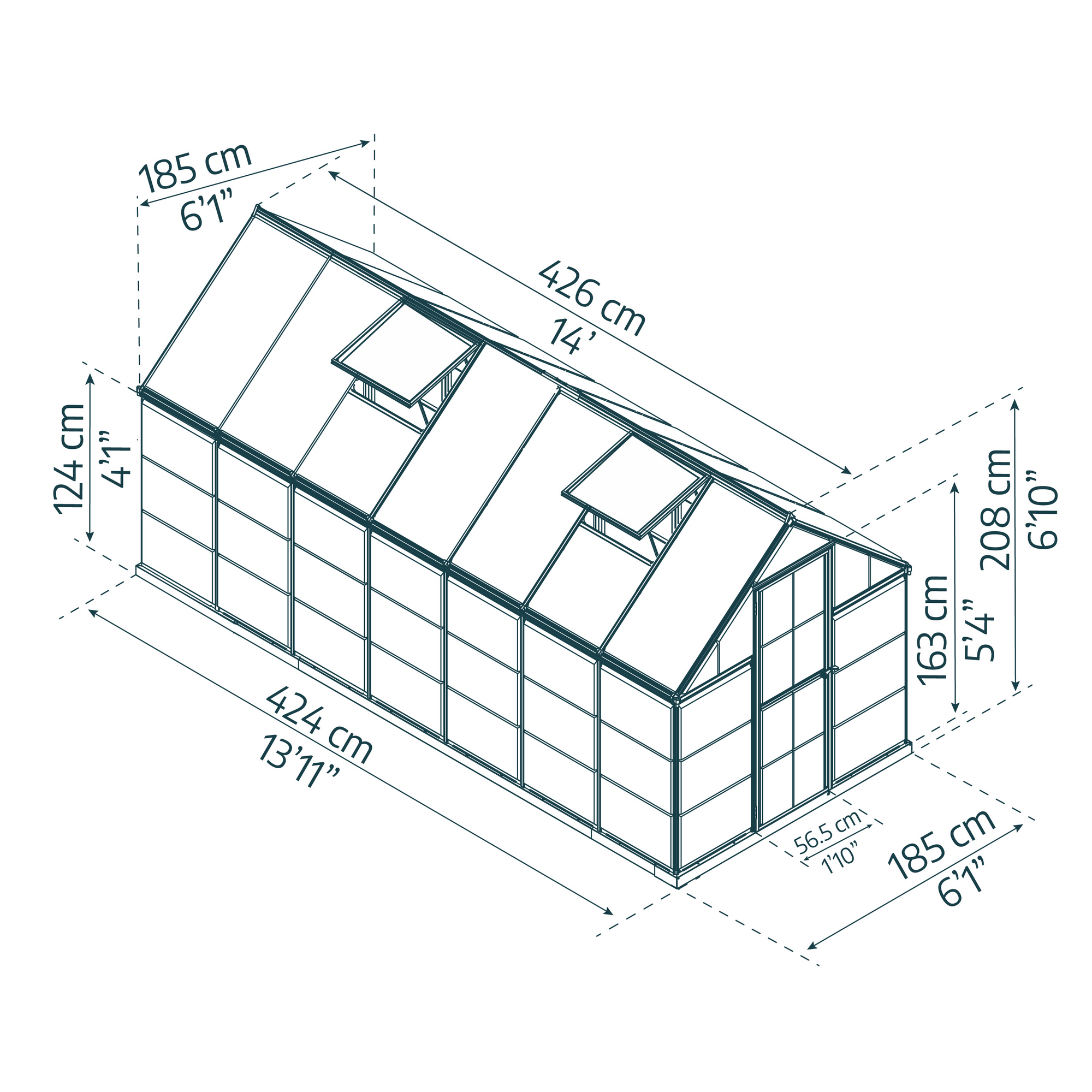 Gewächshaus 'Hybrid' 185 x 426 cm mit 4 mm Hohlkammerplatten silbern