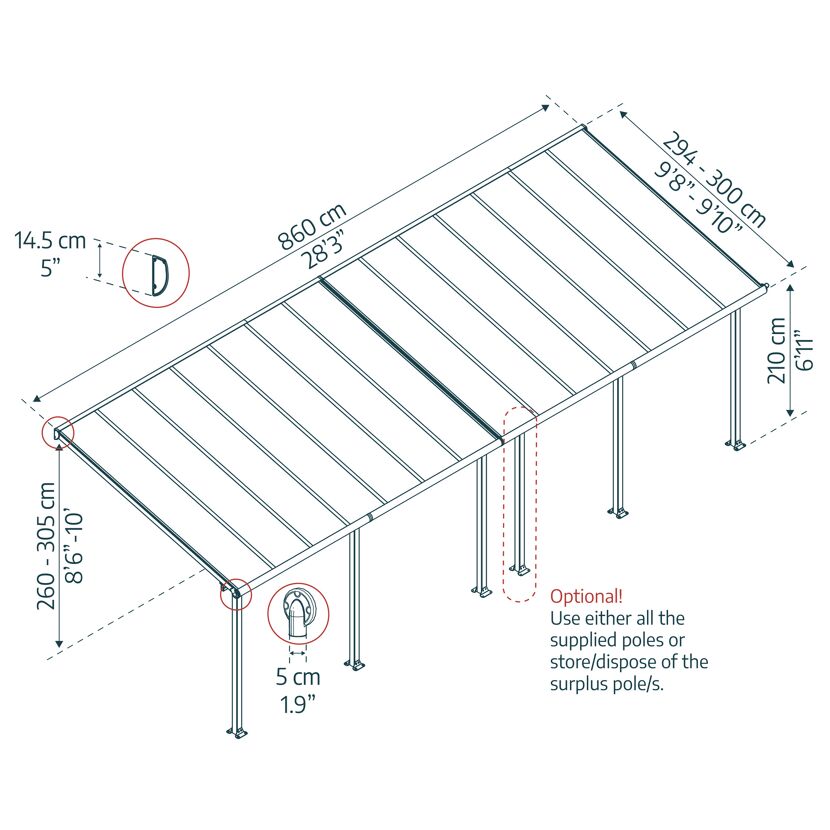 Terrassenüberdachung 'Olympia' anthrazit 294 x 860 cm Polycarbonat transparent