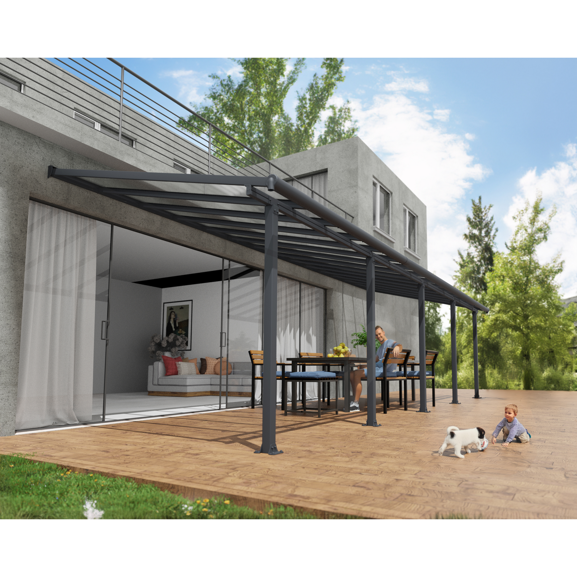 Terrassenüberdachung 'Olympia' anthrazit 294 x 980 cm Polycarbonat transparent