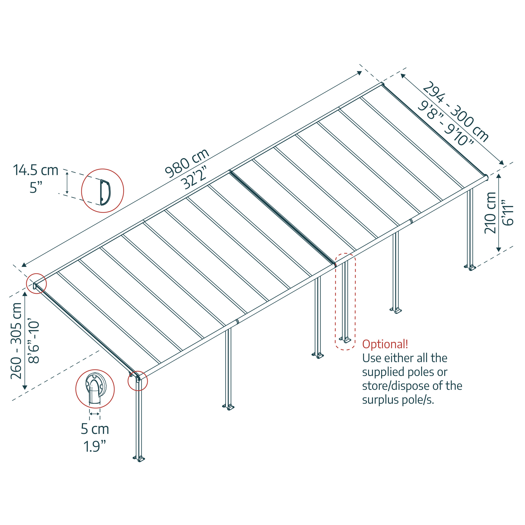 Terrassenüberdachung 'Olympia' anthrazit 294 x 980 cm Polycarbonat transparent