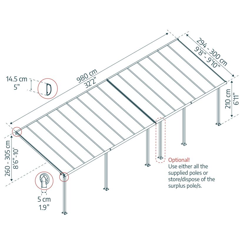 Terrassenüberdachung 'Olympia' anthrazit 294 x 980 cm Polycarbonat transparent
