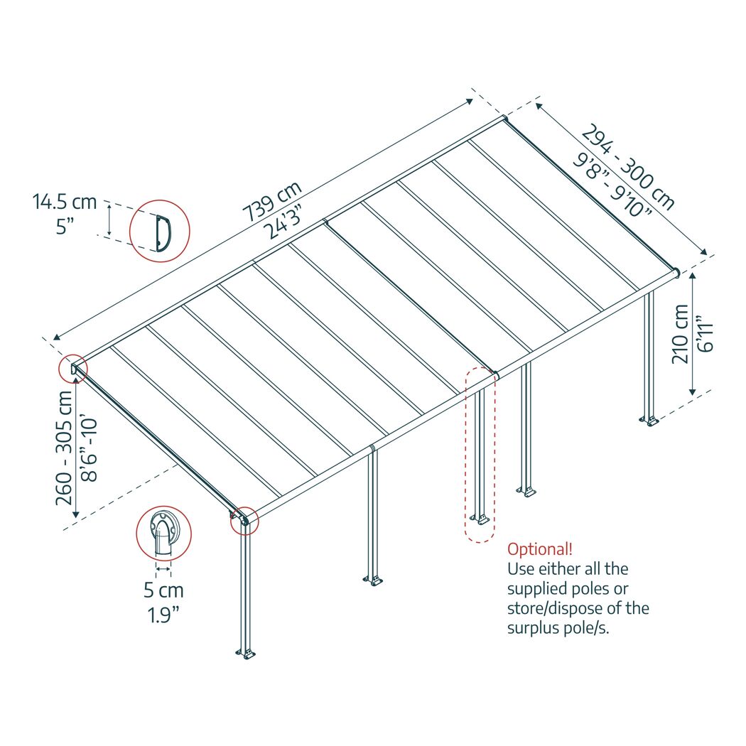 Terrassenüberdachung 'Olympia' anthrazit 294 x 739 cm Polycarbonat transparent