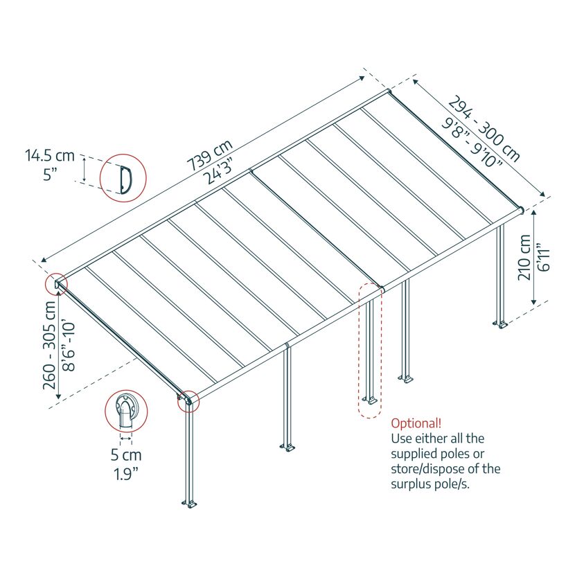 Terrassenüberdachung 'Olympia' anthrazit 294 x 739 cm Polycarbonat transparent