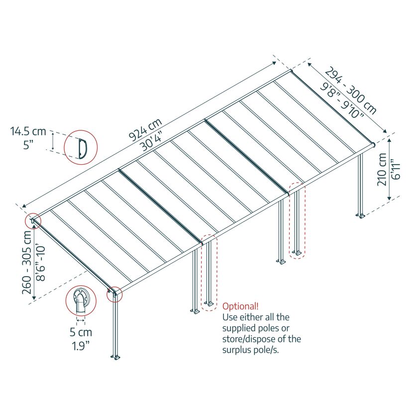 Terrassenüberdachung 'Olympia' anthrazit 294 x 924 cm Polycarbonat transparent