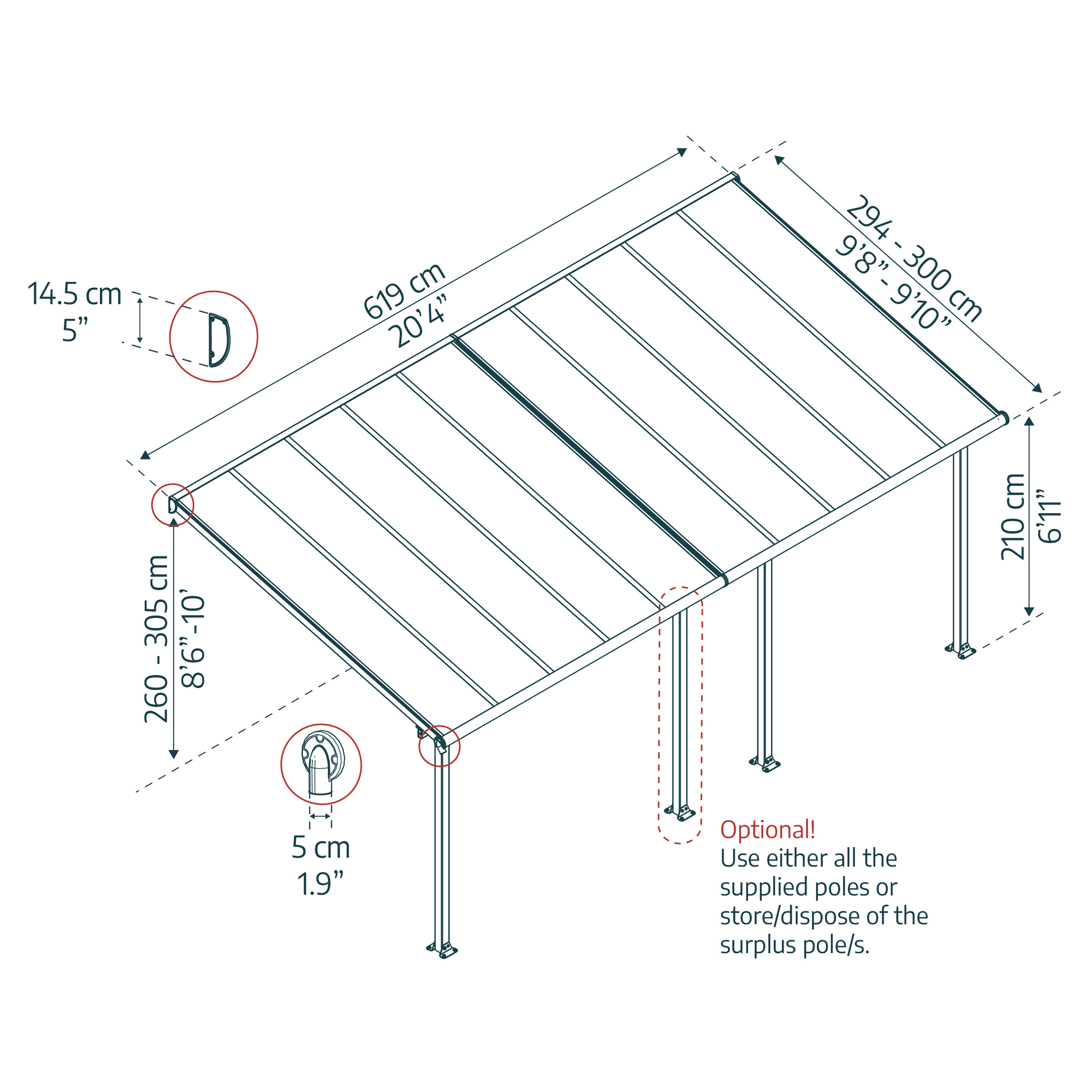 Terrassenüberdachung 'Olympia' anthrazit 294 x 619 cm Polycarbonat transparent