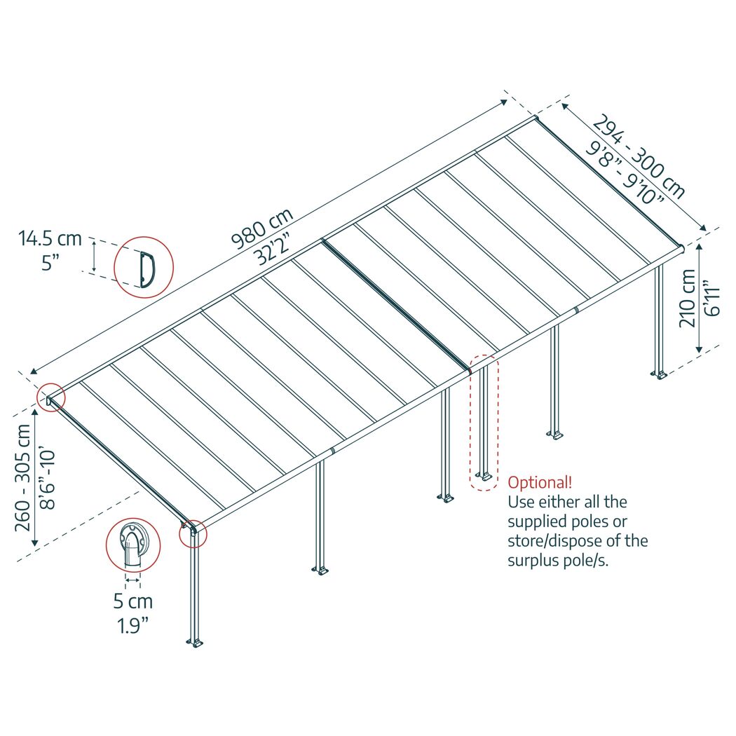 Terrassenüberdachung 'Olympia' weiß 294 x 980 cm Polycarbonat transparent