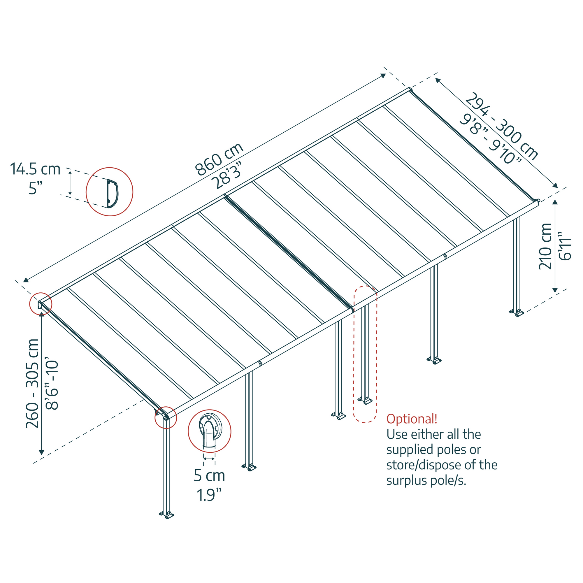 Terrassenüberdachung 'Olympia' weiß 294 x 860 cm Polycarbonat transparent