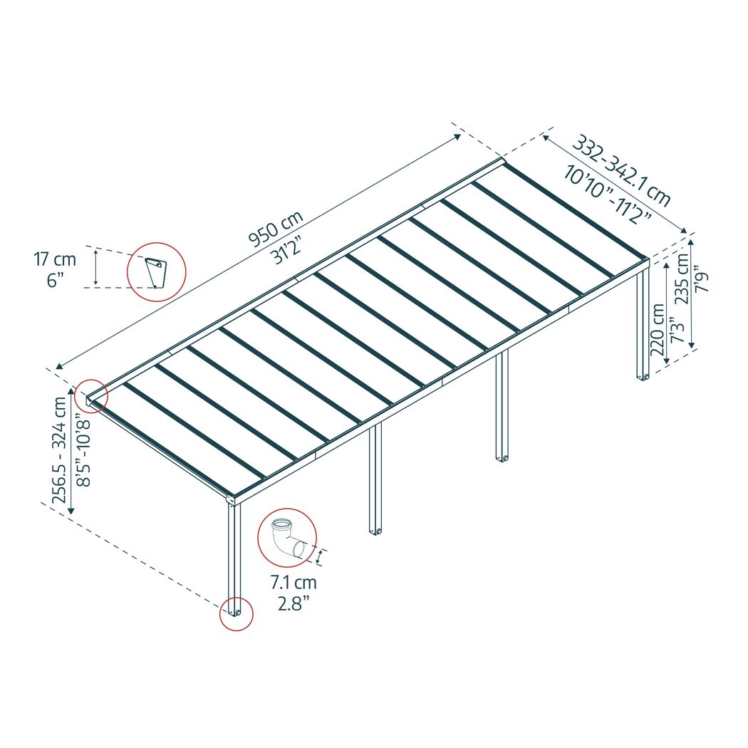 Terrassenüberdachung 'Stockholm' anthrazit  330,5 x 950 cm Polycarbonat klar