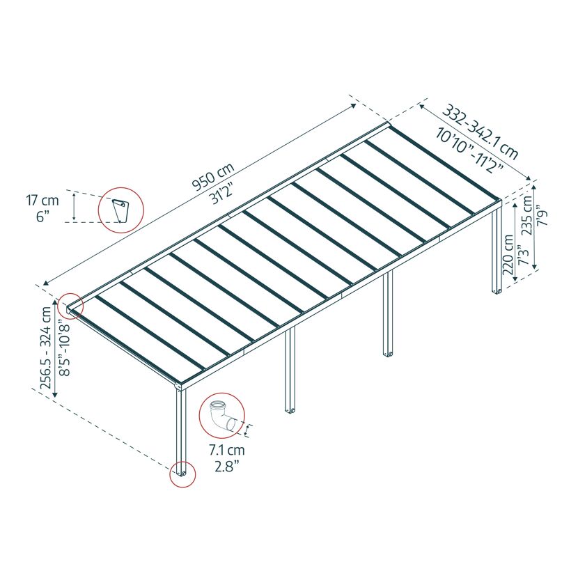 Terrassenüberdachung 'Stockholm' anthrazit  330,5 x 950 cm Polycarbonat klar