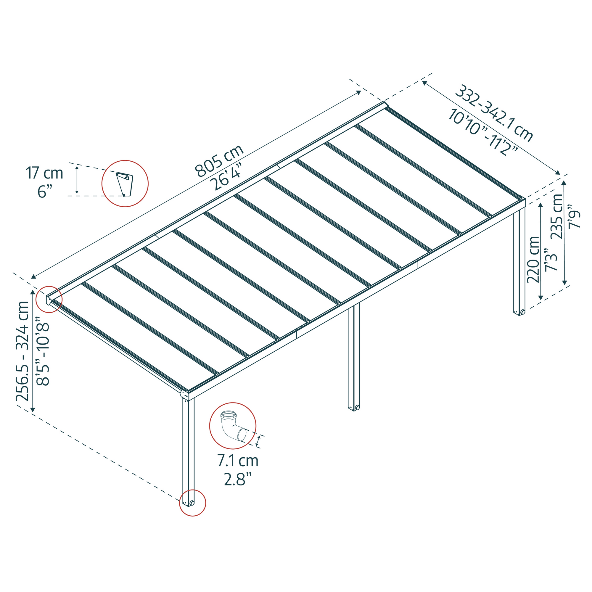 Terrassenüberdachung 'Stockholm' anthrazit  330,5 x 805 cm Polycarbonat klar