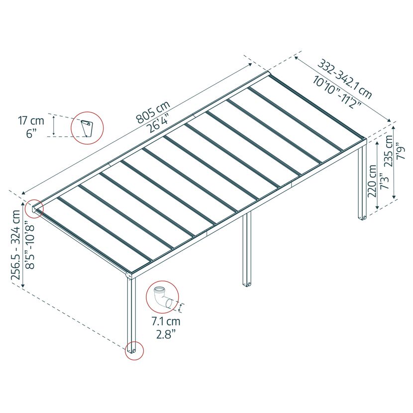 Terrassenüberdachung 'Stockholm' anthrazit  330,5 x 805 cm Polycarbonat klar