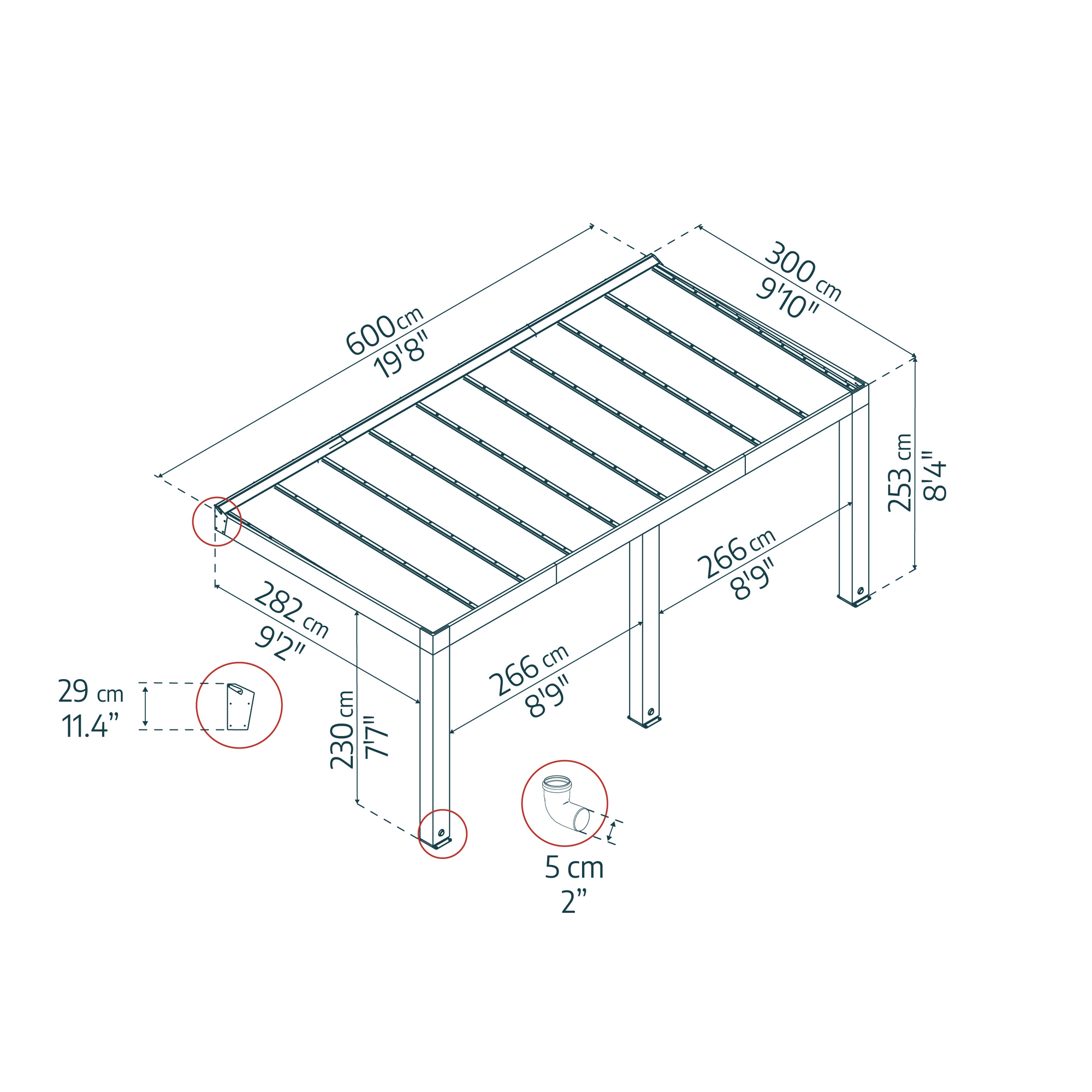 Terrassenüberdachung 'Helsinki' Zedernholz 600 x 300 cm Polycarbonat grau
