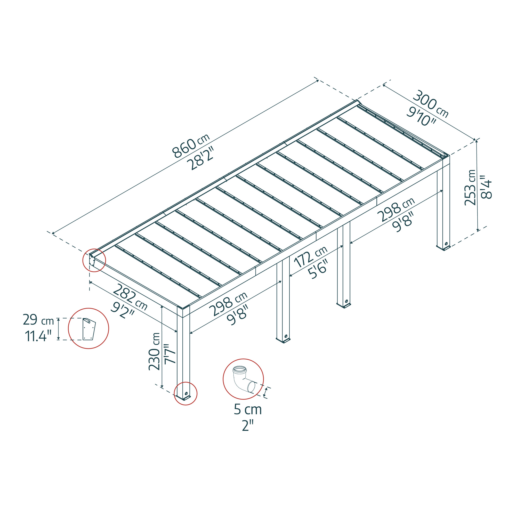 Terrassenüberdachung 'Helsinki' Zedernholz 860 x 300 cm Polycarbonat grau