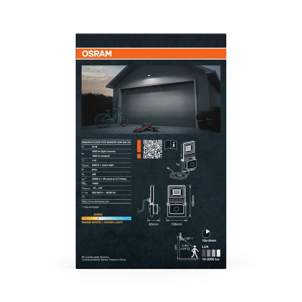 LED-Arbeitsleuchte 'Endura Flood Sensor PCR' 20 W 1800 lm Warmweiß IP 44