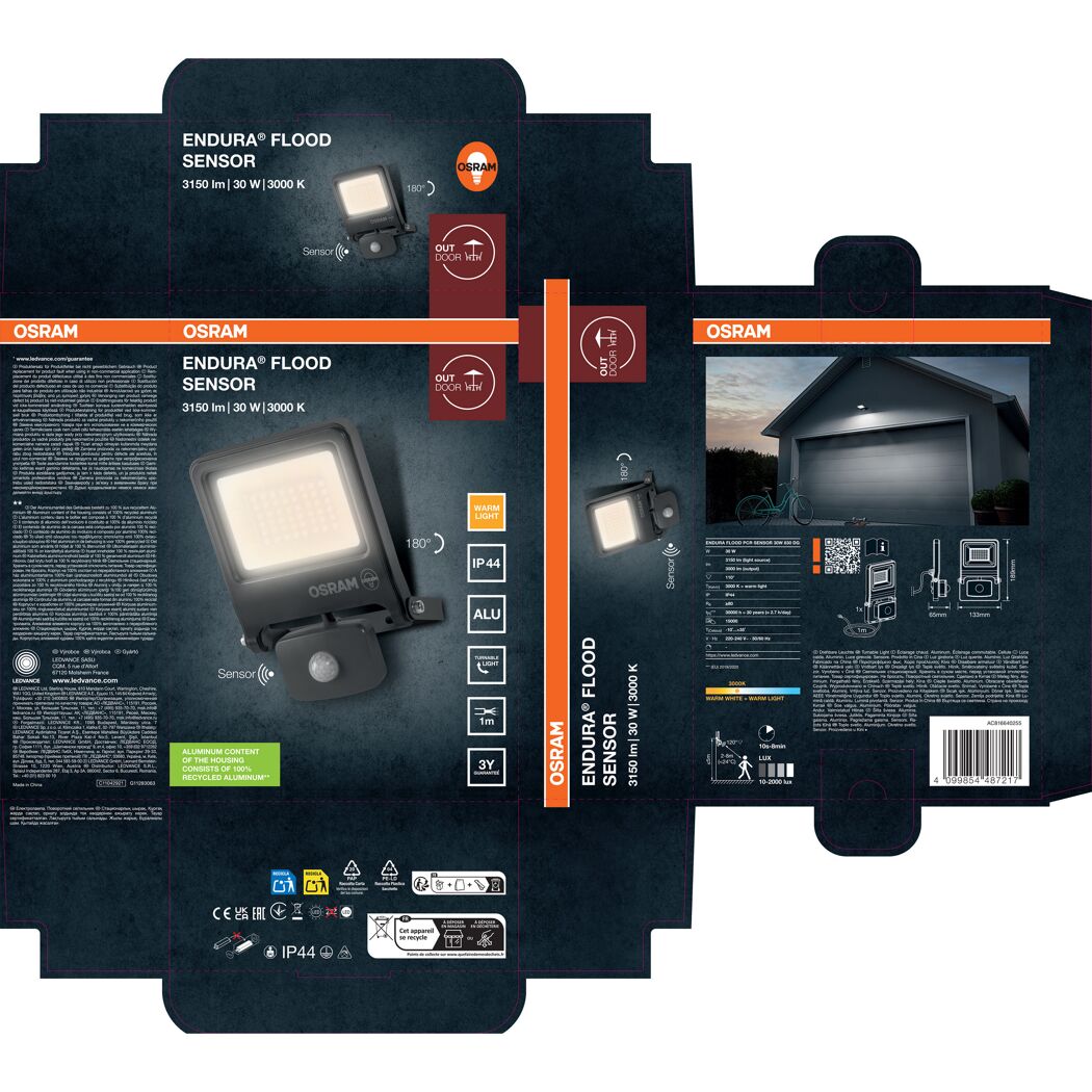 LED-Arbeitsleuchte 'Endura Flood Sensor PCR' 30 W 3000 lm Warmweiß IP 44