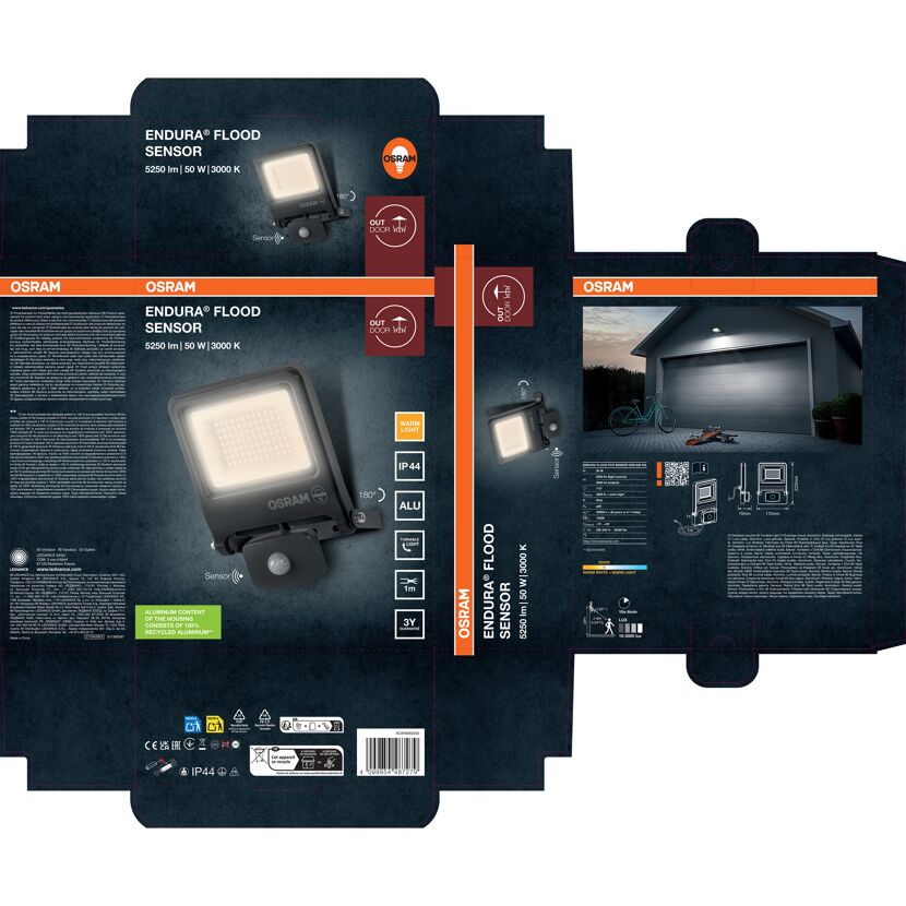 LED-Arbeitsleuchte 'Endura Flood Sensor PCR' 50 W 5000 lm Warmweiß IP 44