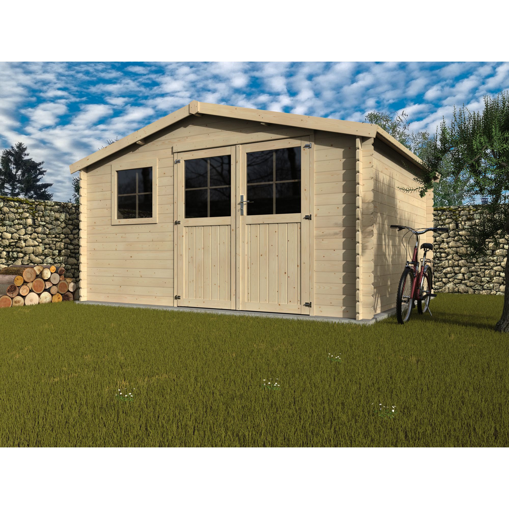 Gerätehaus 'Frévent' Fichte natur Doppeltür, Fenster mit Kunststoffverglasung 398 x 326 x 234 cm