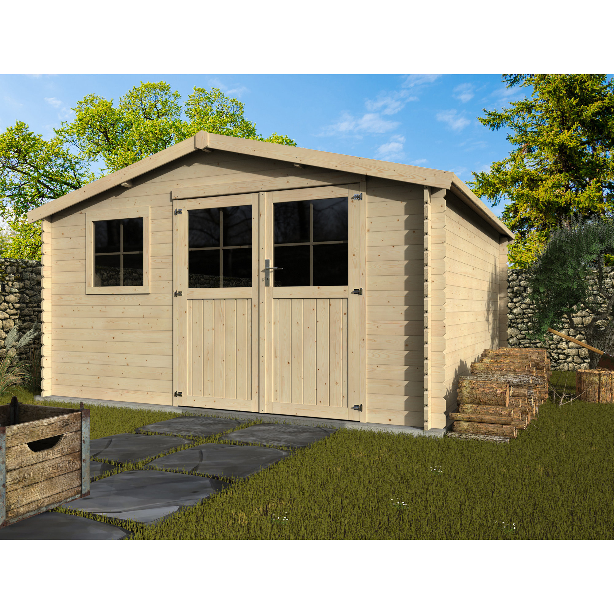 Gerätehaus 'Floran' Fichte natur Doppeltür, Fenster mit Kunststoffverglasung 398 x 398 x 234 cm