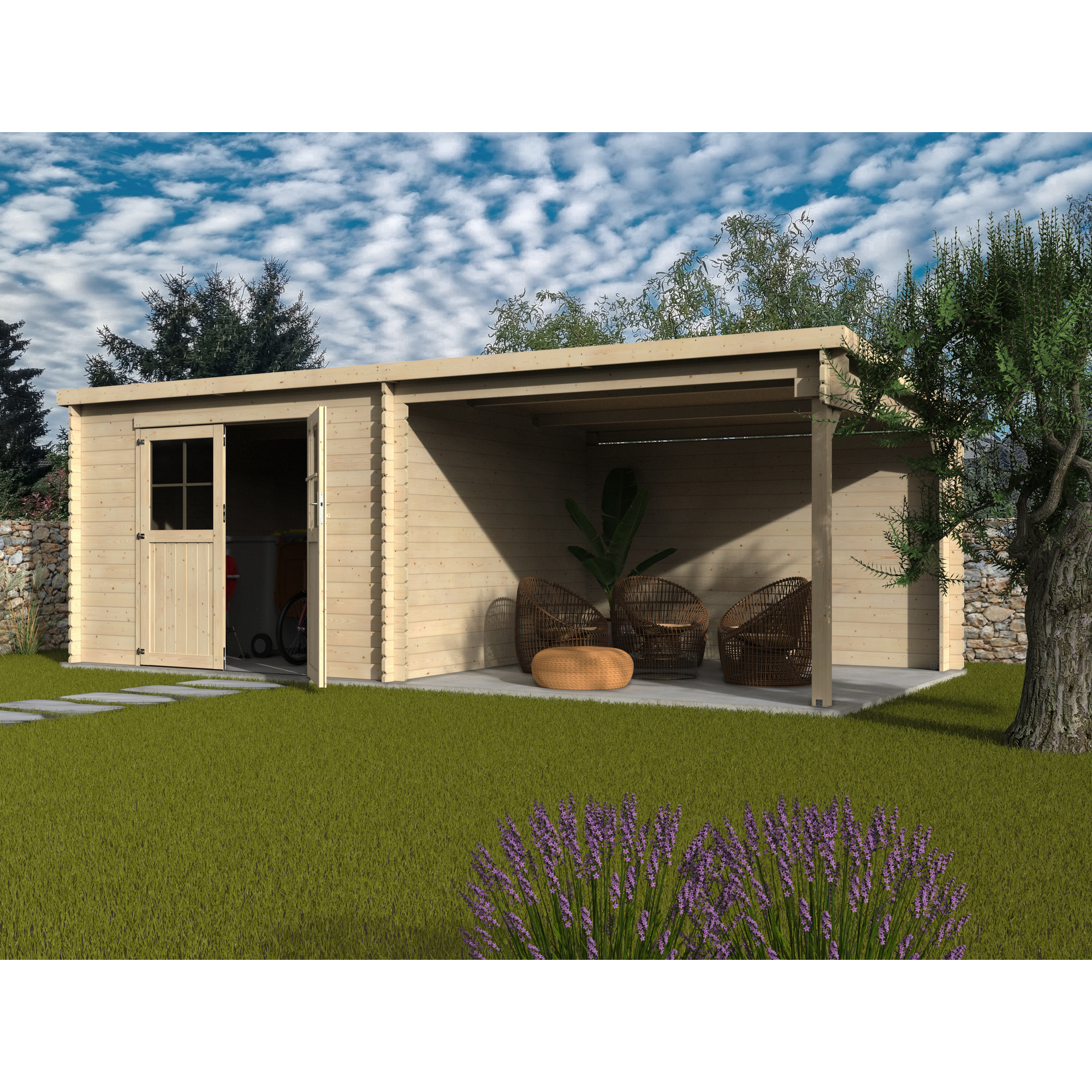 Gerätehaus 'Eden' Fichte natur Pultdach, Doppeltür mit Kunststoffverglasung 629 x 298 x 213 cm