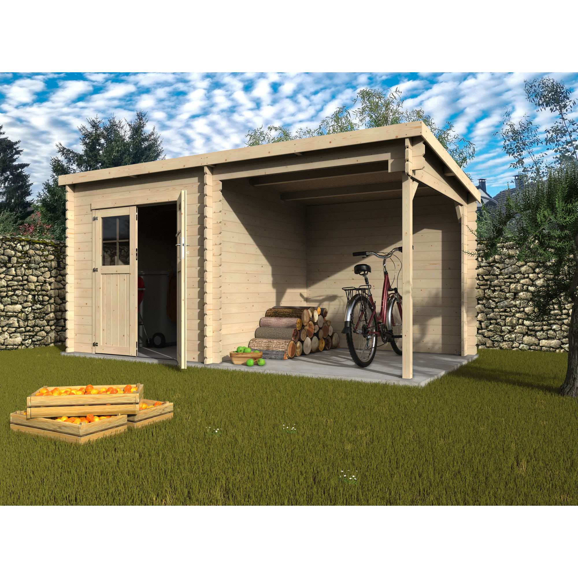 Gerätehaus 'Noa' Fichte natur Pultdach, Doppeltür mit Kunststoffverglasung 443 x 229 x 213 cm