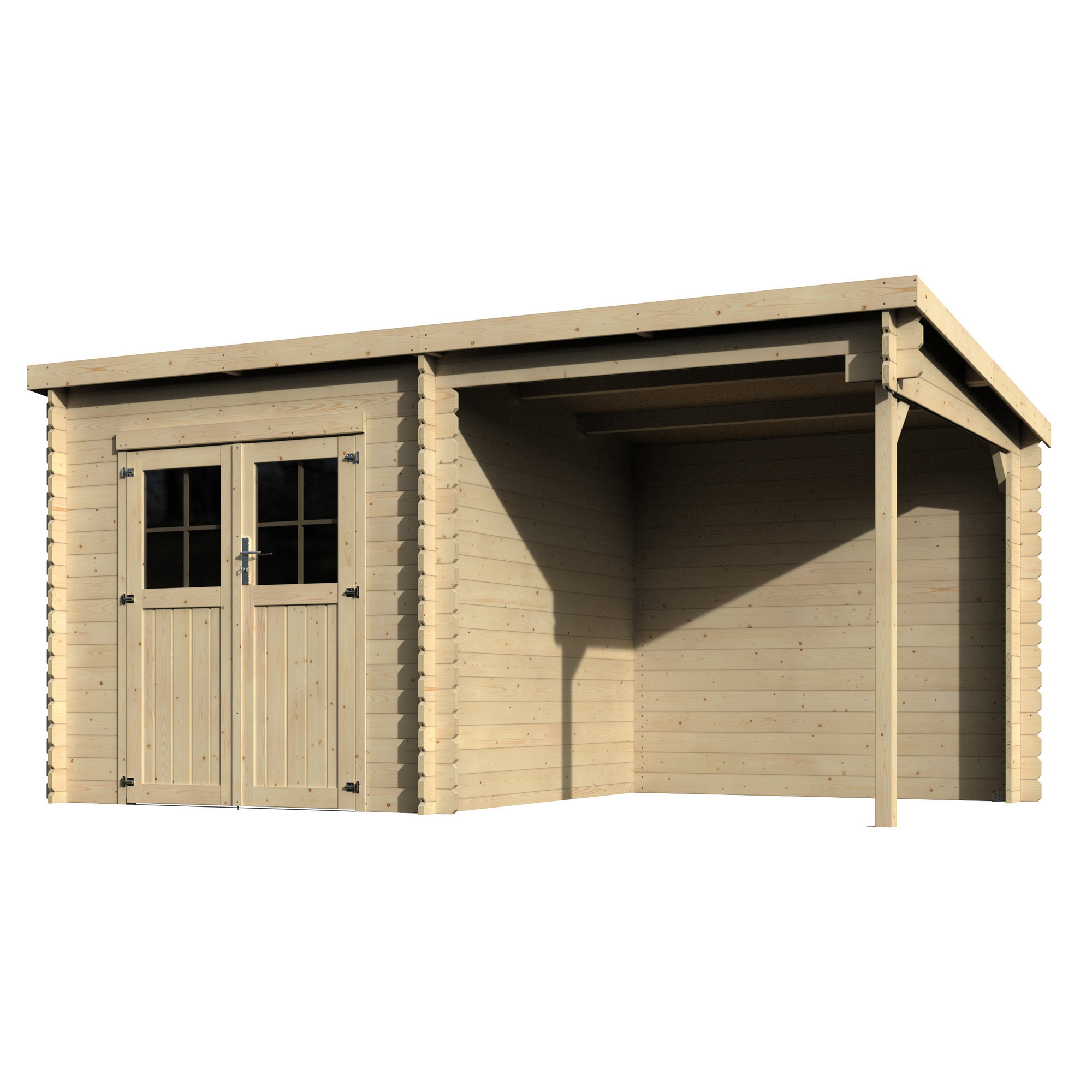 Gerätehaus 'Noa' Fichte natur Pultdach, Doppeltür mit Kunststoffverglasung 443 x 229 x 213 cm