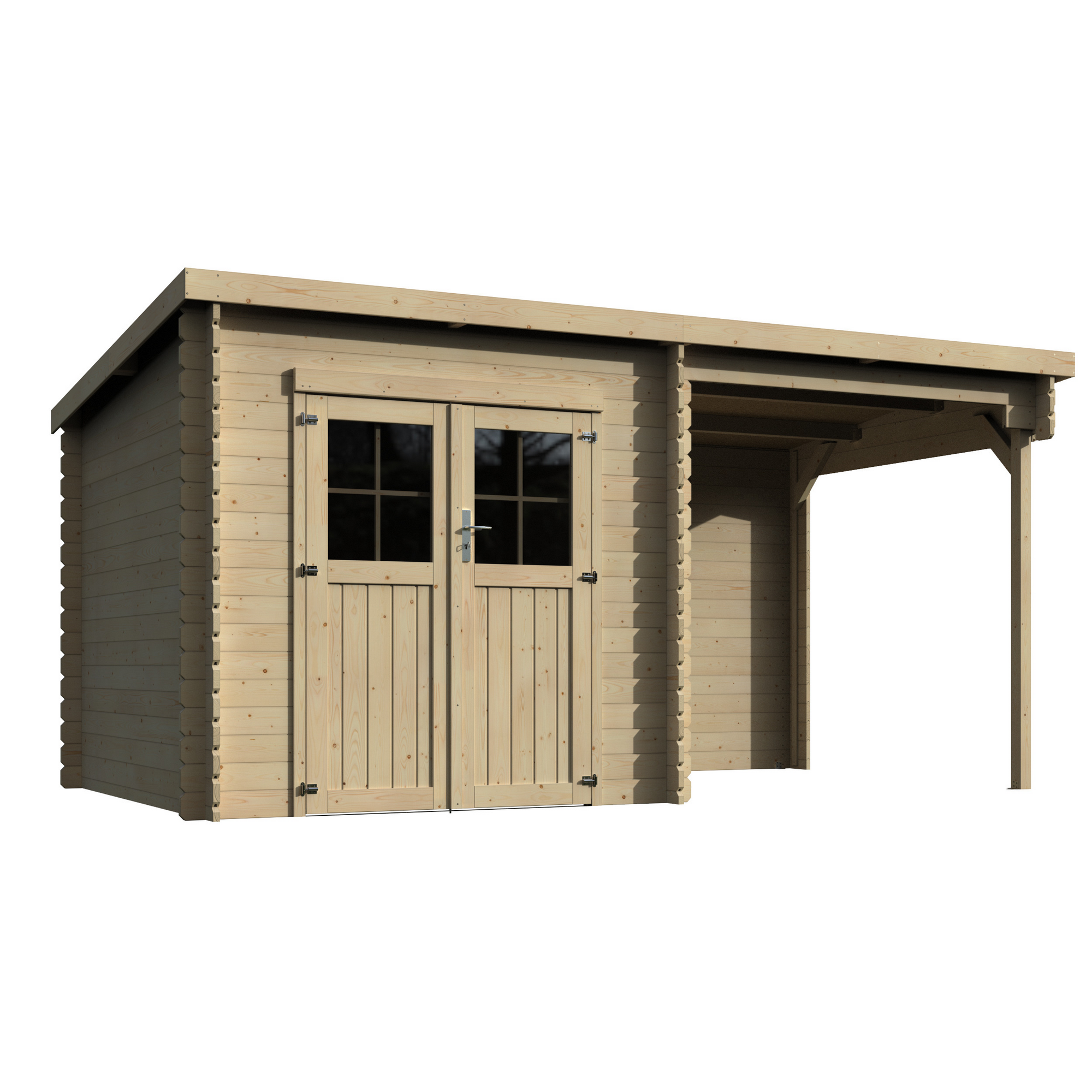 Gerätehaus 'Noa' Fichte natur Pultdach, Doppeltür mit Kunststoffverglasung 443 x 229 x 213 cm