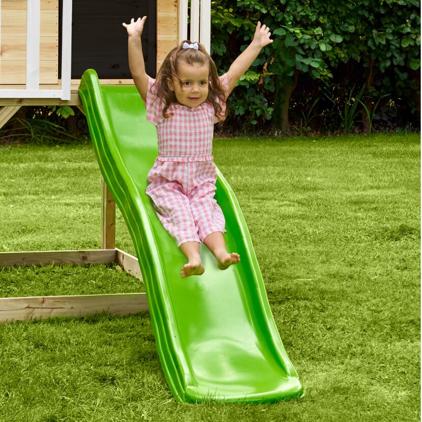 Spielhaus 'Holli 3' naturfarben mit Rutsche und Doppelschaukel 370 x 352 x 224 cm