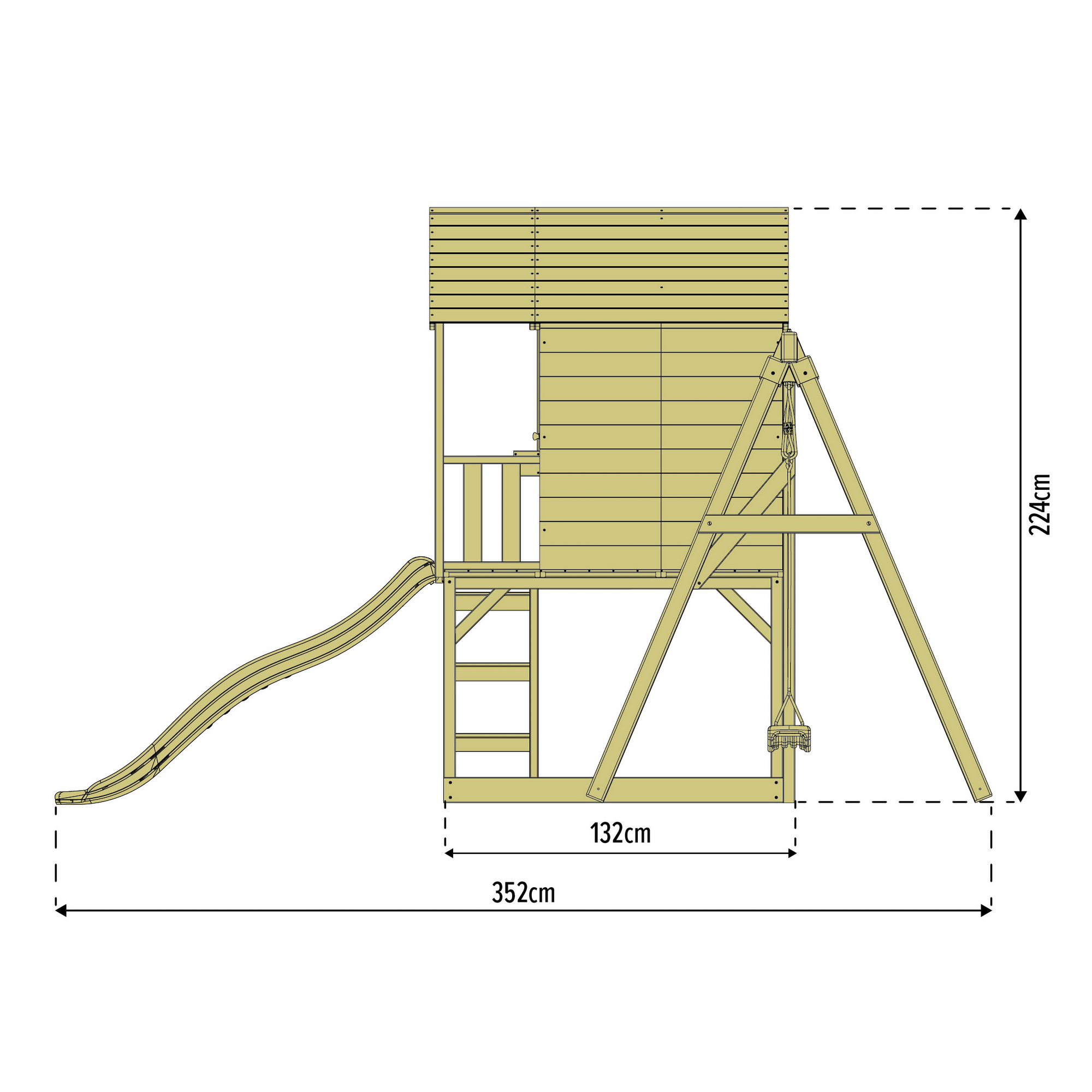 Spielhaus 'Holli 3' naturfarben mit Rutsche und Doppelschaukel 370 x 352 x 224 cm
