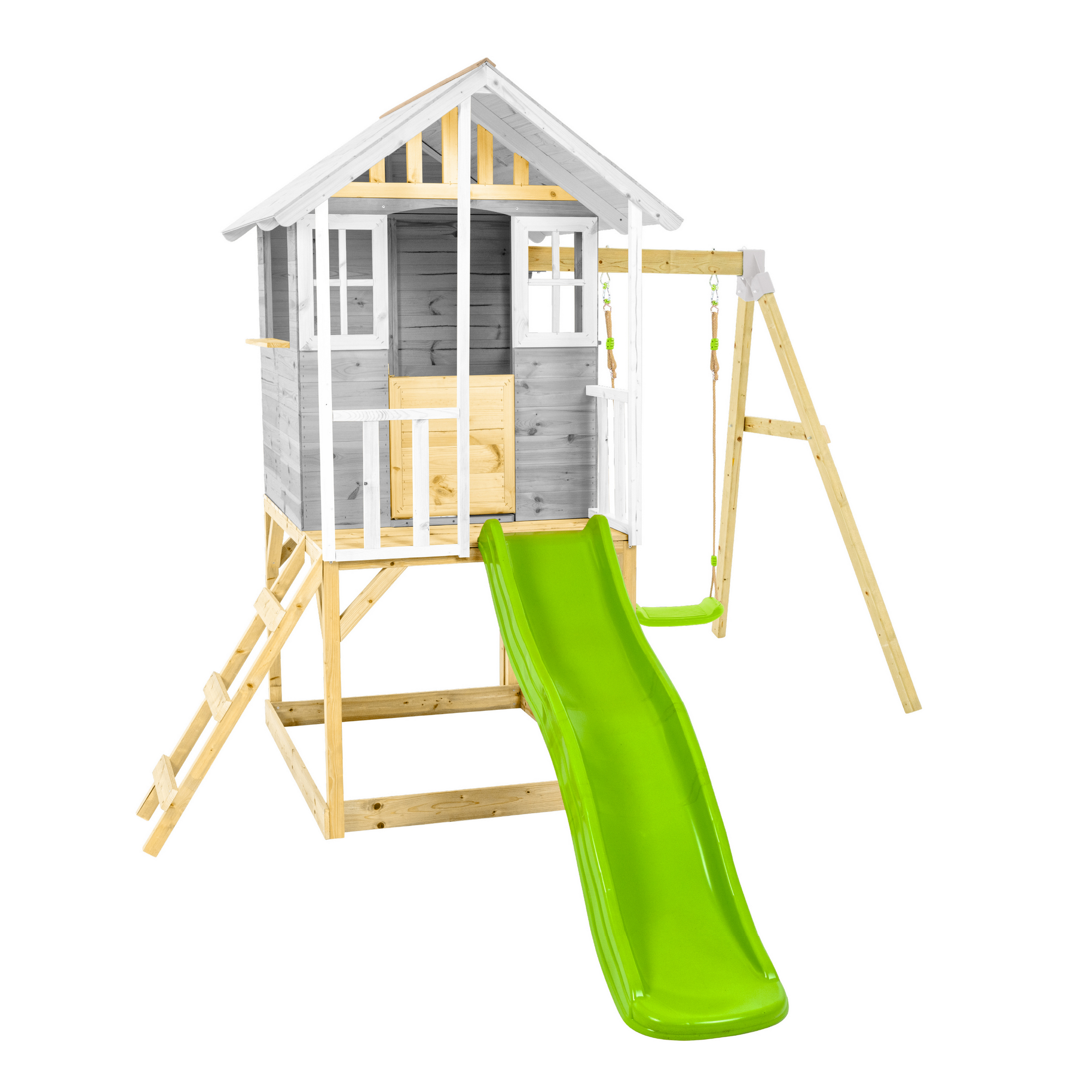 Spielhaus 'Valli 2' grau/weiß mit Rutsche und Schaukel 352 x 280 x 224 cm