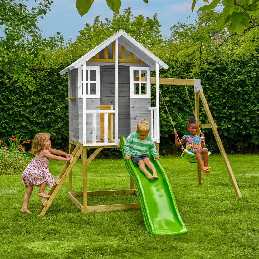 Spielhaus 'Valli 2' grau/weiß mit Rutsche und Schaukel 352 x 280 x 224 cm
