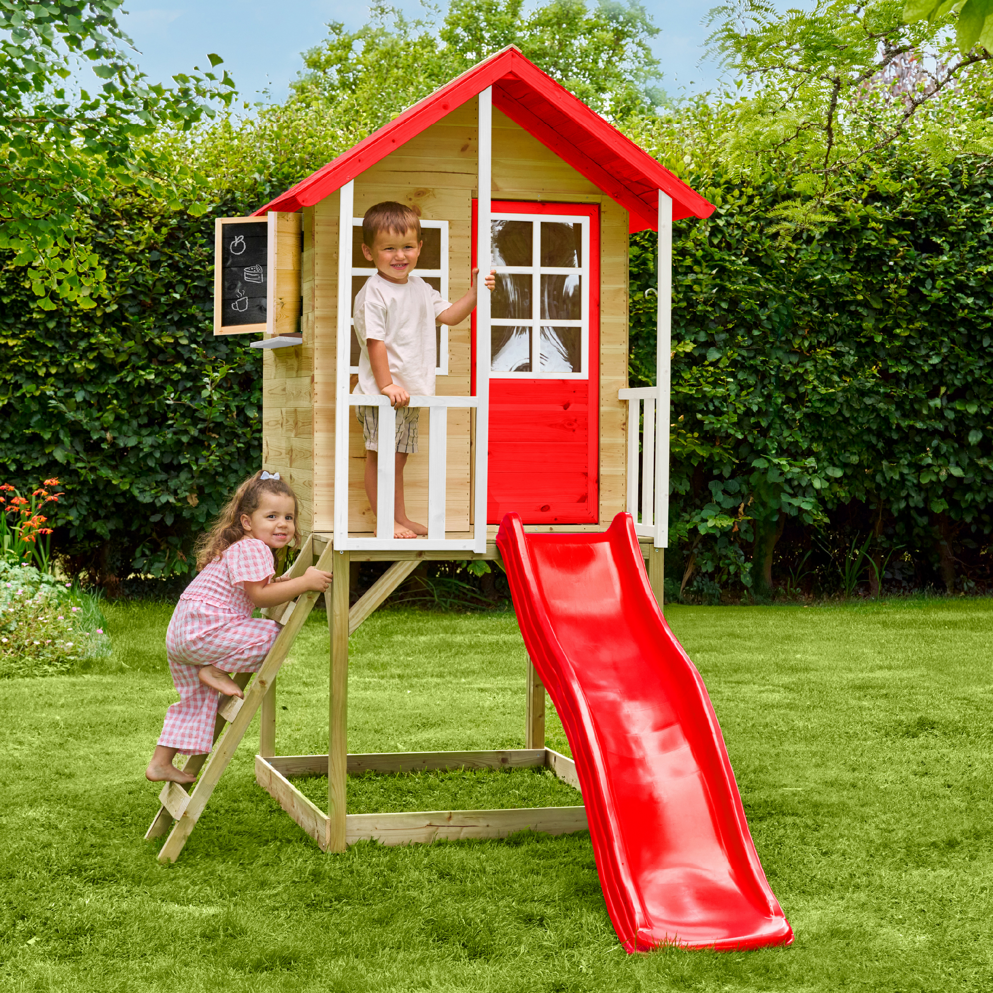 Spielhaus 'Lolla 1' naturfarben/rot mit Rutsche 270 x 148 x 224 cm