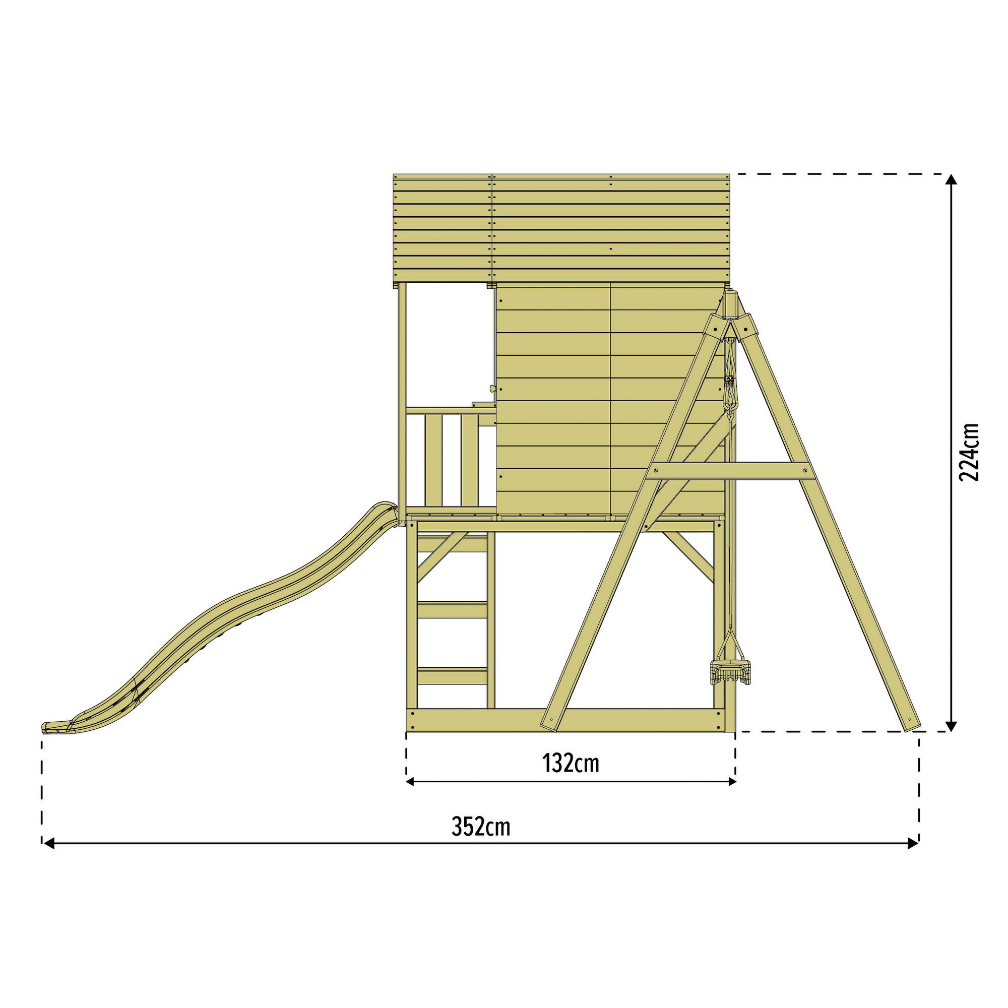 Spielhaus 'Holli 2' naturfarben/schwarz mit Rutsche und Schaukel 352 x 280 x 224 cm