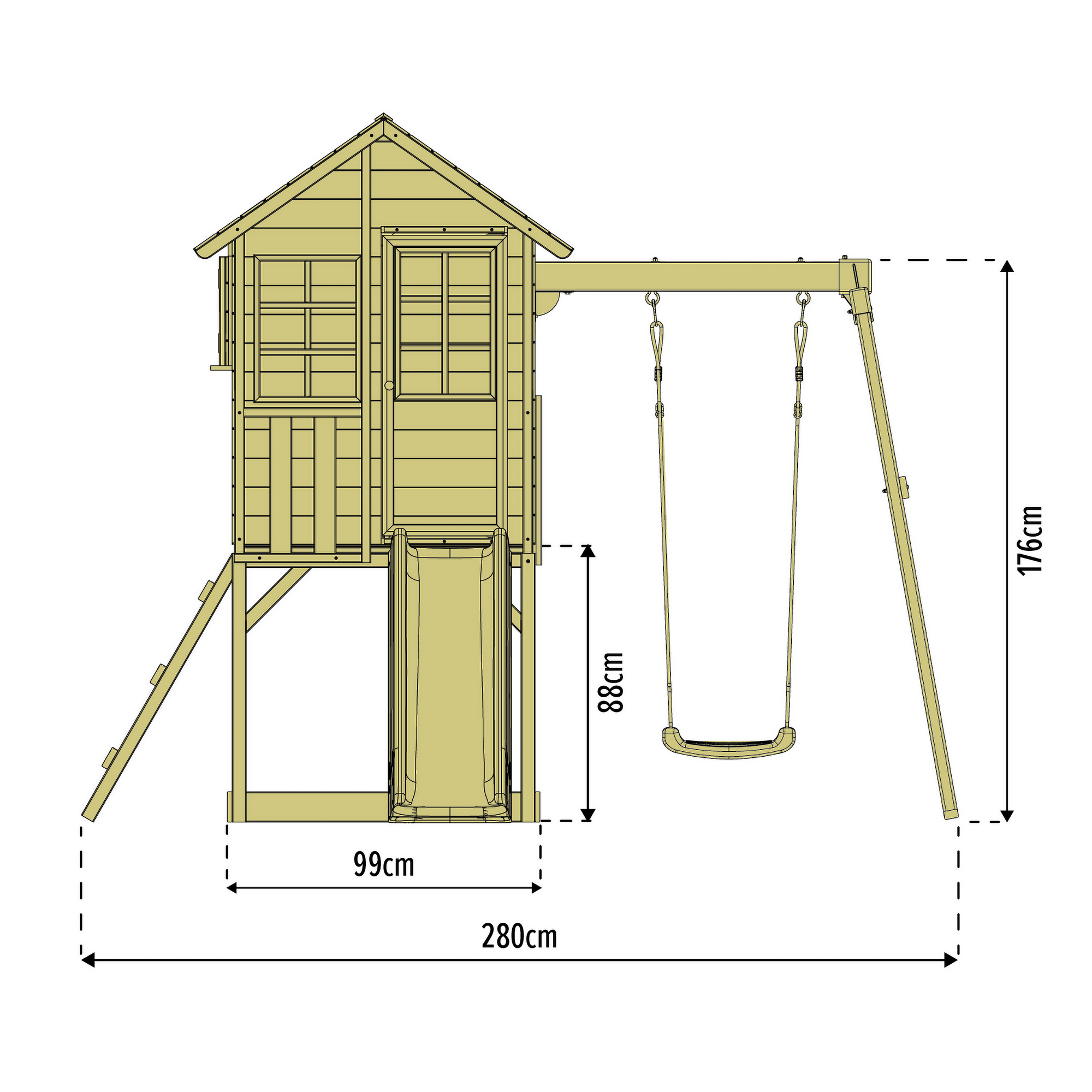 Spielhaus 'Holli 2' naturfarben/schwarz mit Rutsche und Schaukel 352 x 280 x 224 cm