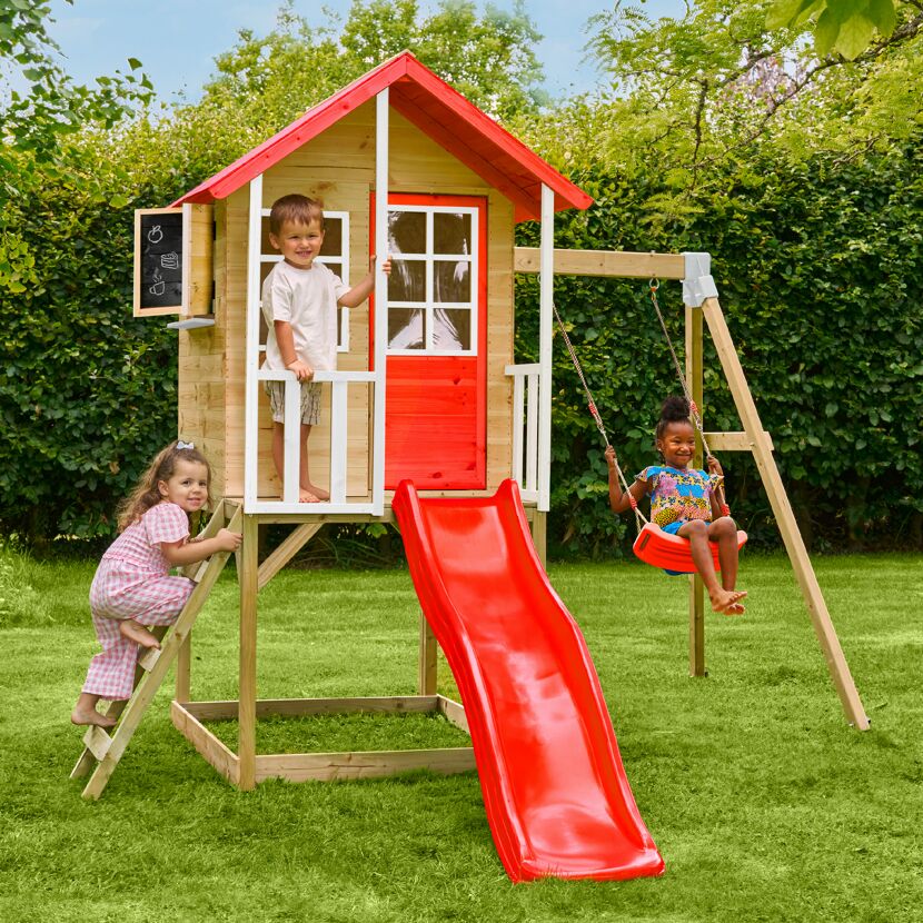 Spielhaus 'Lolla 2' naturfarben/rot mit Rutsche und Schaukel 352 x 280 x 224 cm