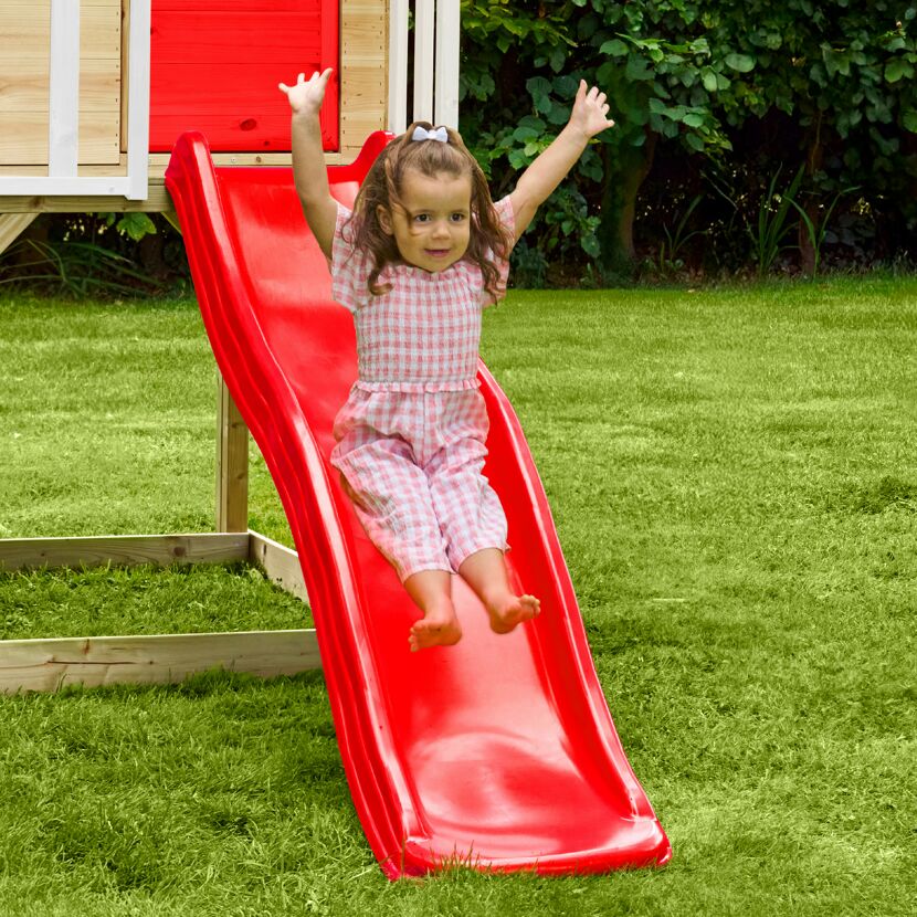 Spielhaus 'Lolla 2' naturfarben/rot mit Rutsche und Schaukel 352 x 280 x 224 cm