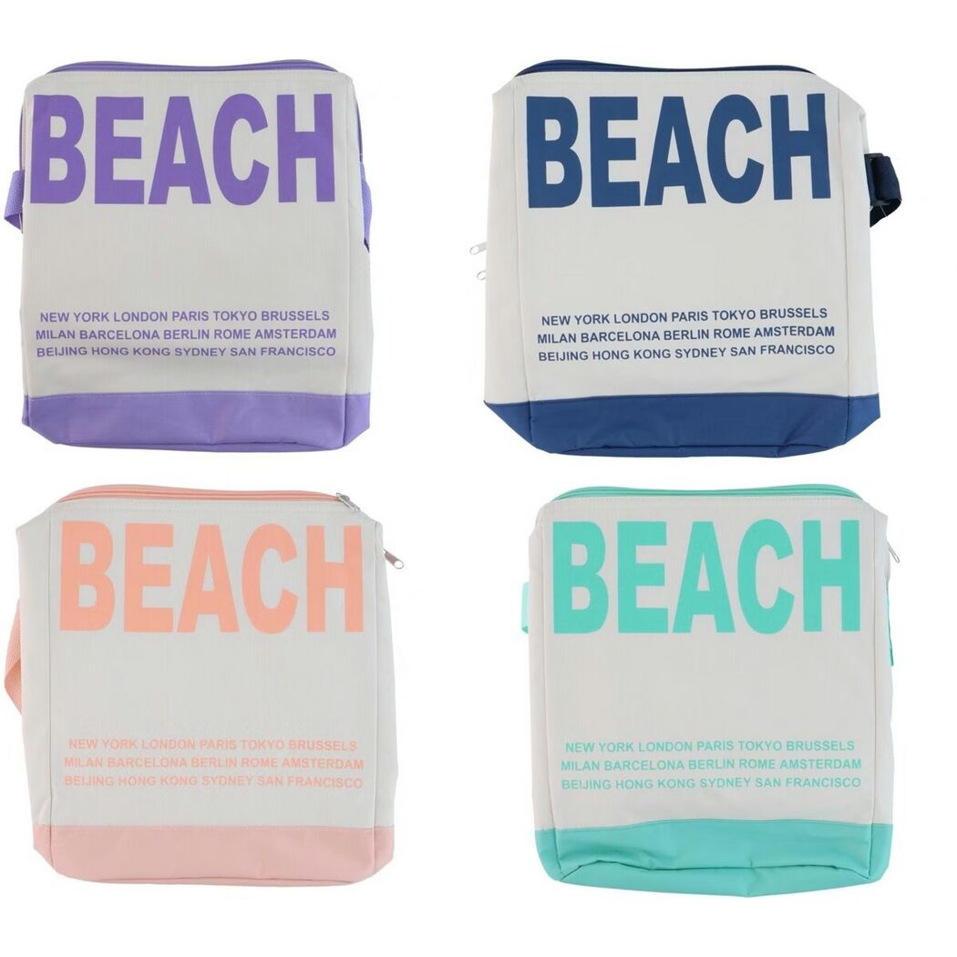 Vier bunte Kühltaschen mit "BEACH" Aufdruck