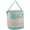 Beige Kühltasche mit hellblauer 'BEACH'-Aufschrift.