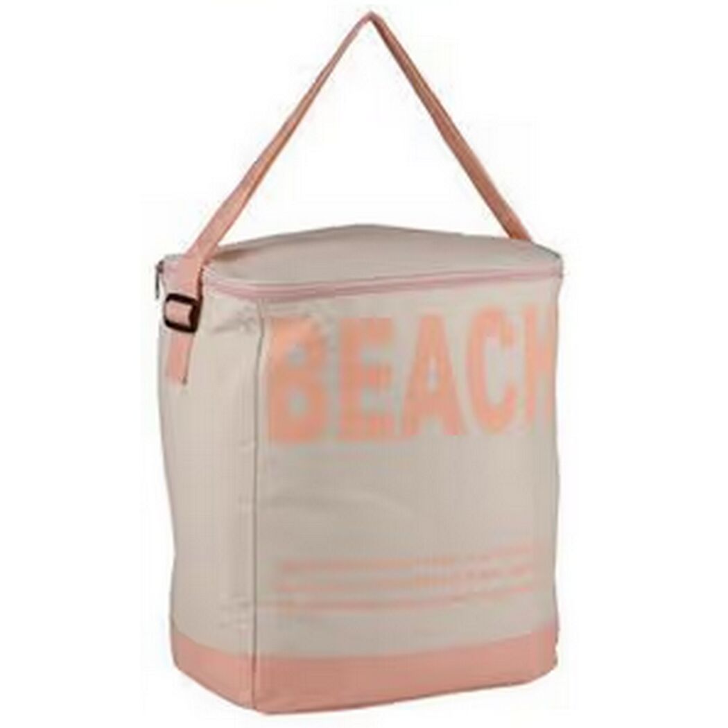 Helle Kühltasche mit rosa BEACH Aufschrift.