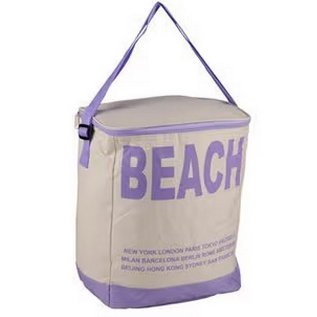 Kühltasche creme-lila mit "BEACH" Aufdruck und Städtenamen