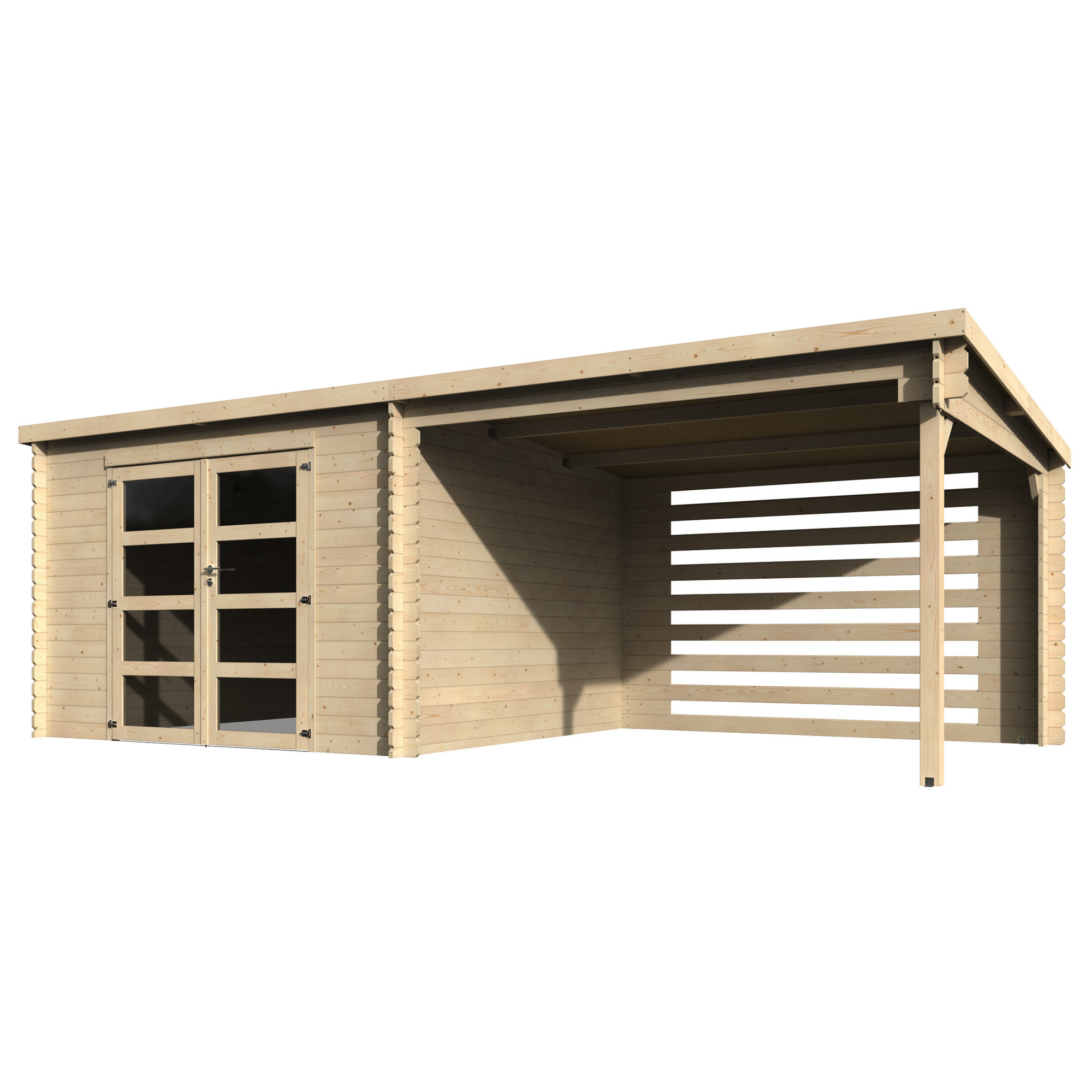 Gerätehaus 'Fuji' Fichte natur Pultdach, Doppeltür mit Kunststoffverglasung 629 x 298 x 213 cm