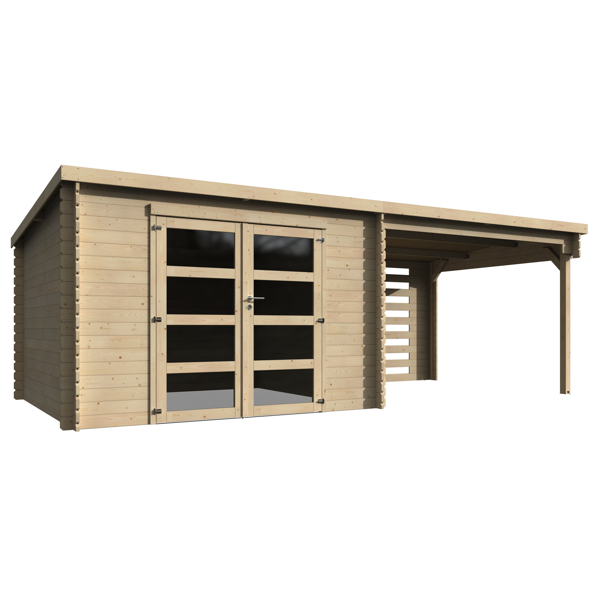 Gerätehaus 'Fuji' Fichte natur Pultdach, Doppeltür mit Kunststoffverglasung 629 x 298 x 213 cm