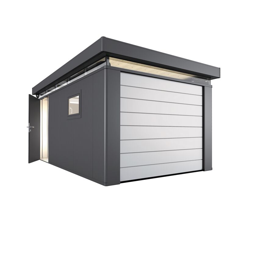 Gerätehaus CasaNova dunkelgrau metallic mit offener Tür und Tor.