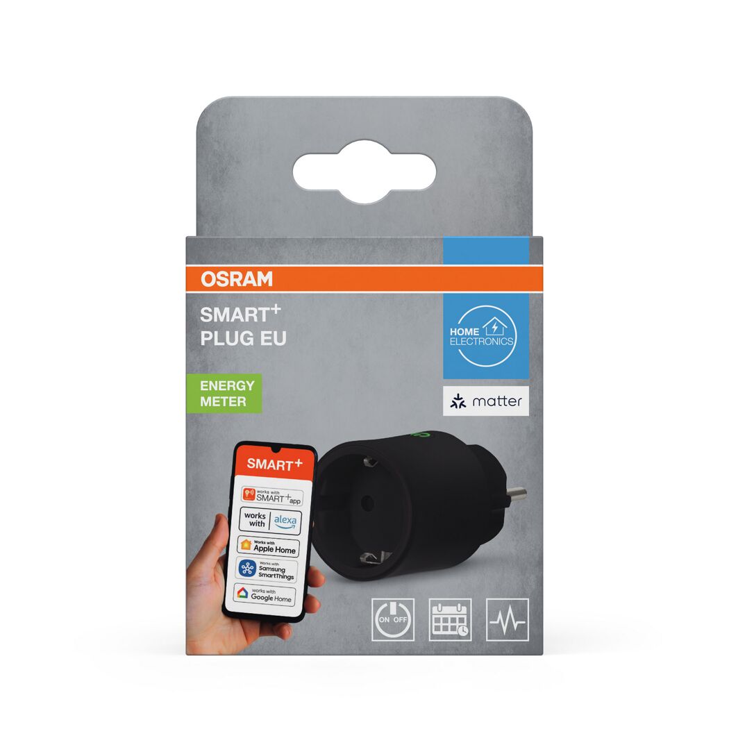 Schwarze OSRAM Smart+ Matter Plug Steckdose in der Verpackung.