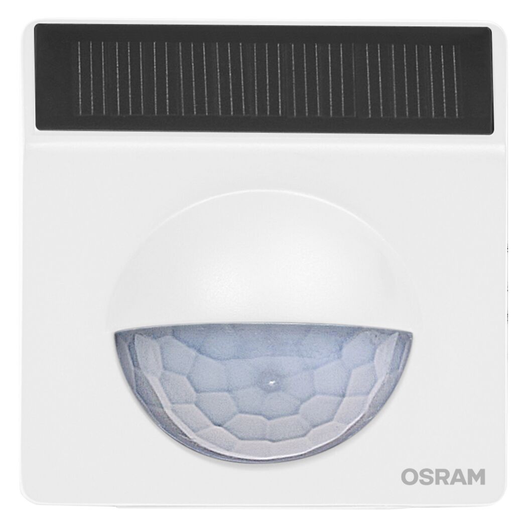 Weißer Osram Bewegungsmelder 'Smart+' außen mit Solarpanel.